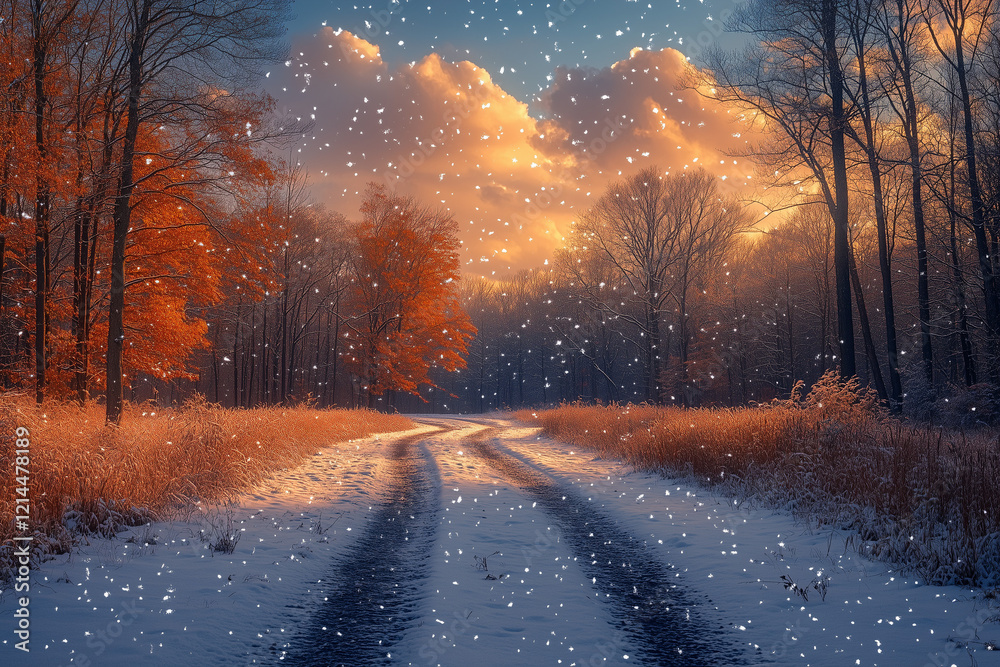 Snow-covered winter path through trees at sunset Snow-covered winter path through trees at sunset
