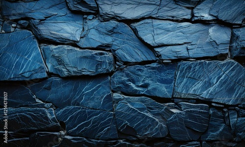 Dark blue slate rock texture background with rough, cracked layers of stone, showcasing rugged, uneven surfaces, natural mineral patterns, deep crevices, and organic details, adding depth, character, 