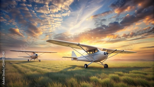Minimalist Aerial View: Two Ultralight Aircraft Soaring Over Serene Landscape
