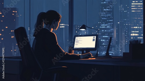A determined businesswoman working late into the night in her sleek office