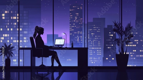 A determined businesswoman working late into the night in her sleek office