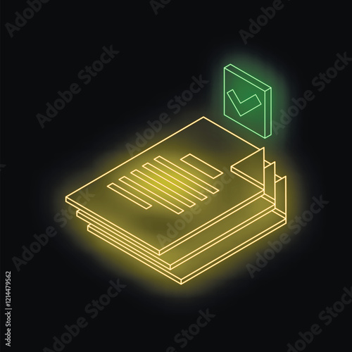 Isometric neon documents stack representing approved or validated electronic files, data safety and protection