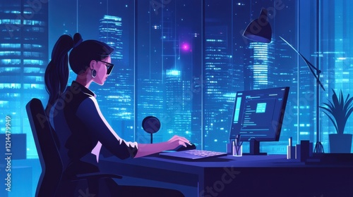 A determined businesswoman working late into the night in her sleek office