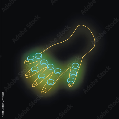 Neon yellow hand holding blue pills representing drug addiction, overdose, treatment or medication on black background