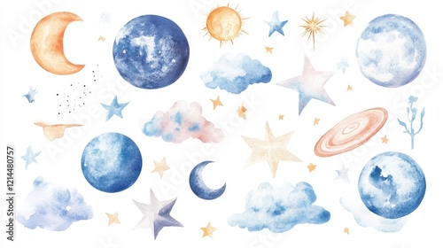 Watercolor Celestial Elements with Sun, Moon, Stars and Clouds