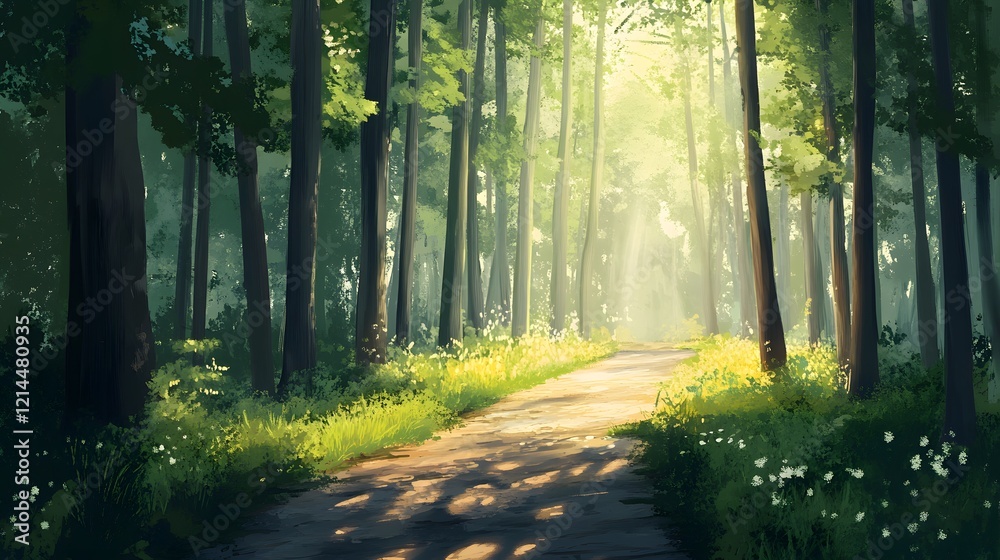 Obraz premium Sunlit Forest Path Lush Greenery Summer Woods