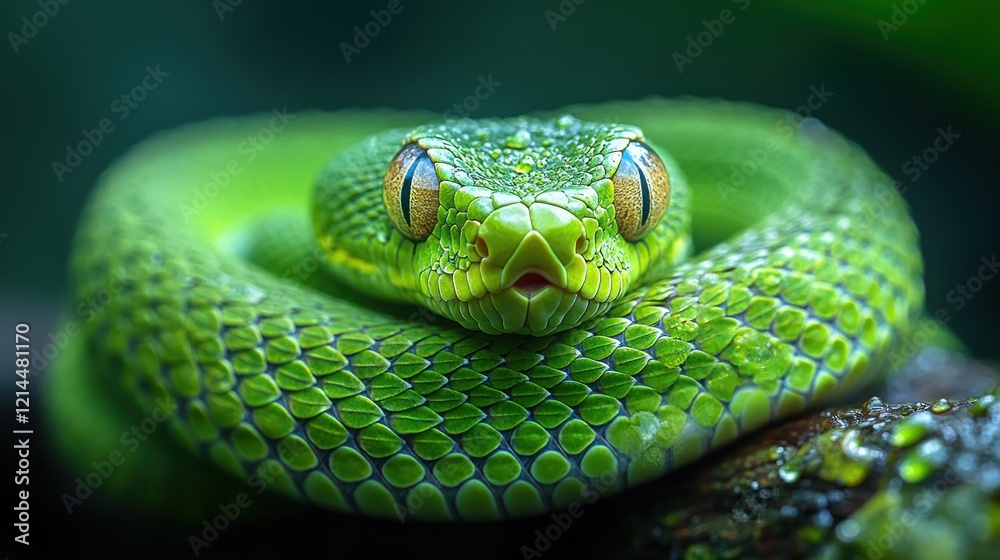 Obraz premium beautiful green snake coiling resting on tree branch with green background