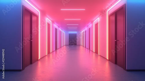 Neon Lit Hallway with Colorful Lights and Closed Doors at Night