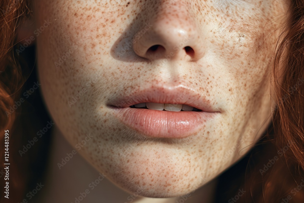 Fototapeta premium Beautiful Caucasian Girl Touching Her Face for Skincare and Well-being. Close-up View of a Tender Girl with Freckles on Her Face and Closed Eyes