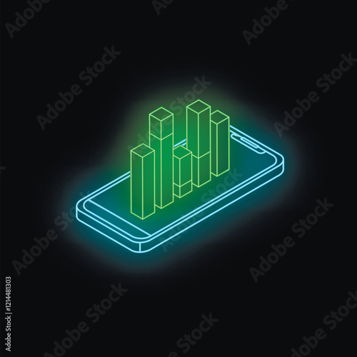 Glowing isometric smartphone displaying a growing green bar chart, representing mobile business growth and success