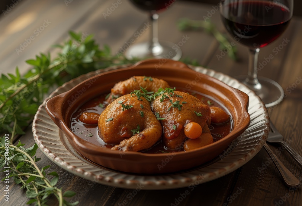 Braised chicken in wine sauce served in a rustic dish. Braised chicken in wine sauce served in a rustic dish.
