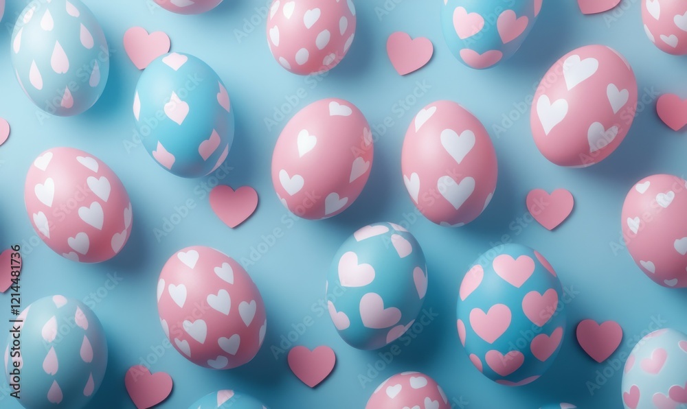 Blue and Pink Easter Background. Collection of Precisely organized Eggs with Heart Patterns. Blue and Pink Easter Background. Collection of Precisely organized Eggs with Heart Patterns.
