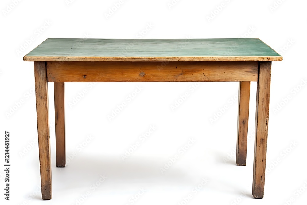 a wooden table with green top on white. a wooden table with green top on white.