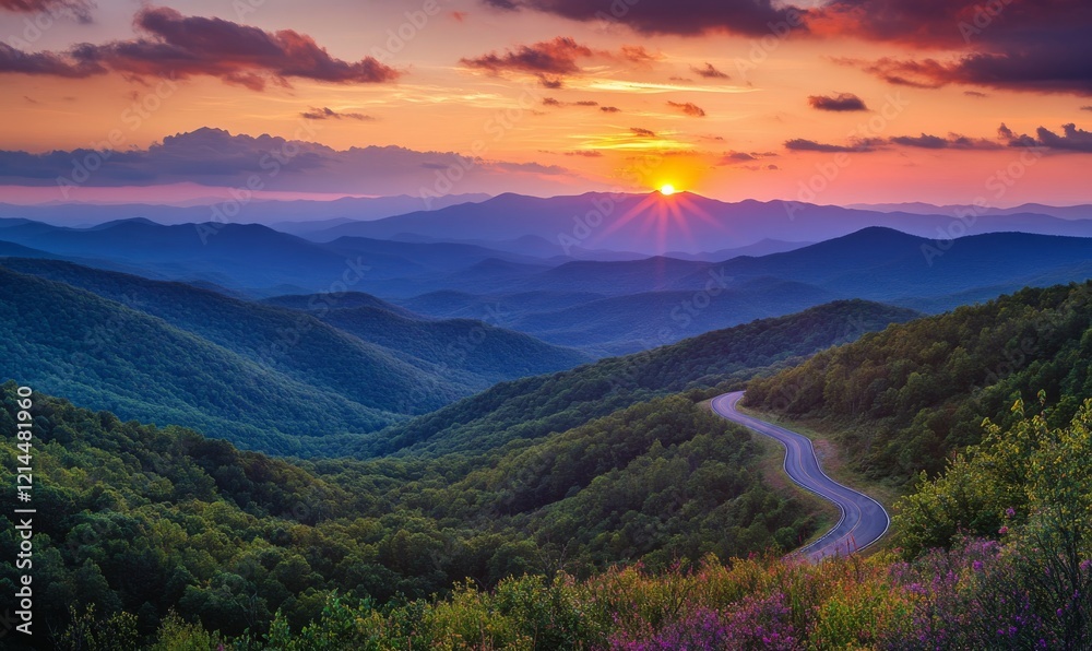 Obraz premium Winding Asphalt Road Through Lush Mountain Valley at Sunset