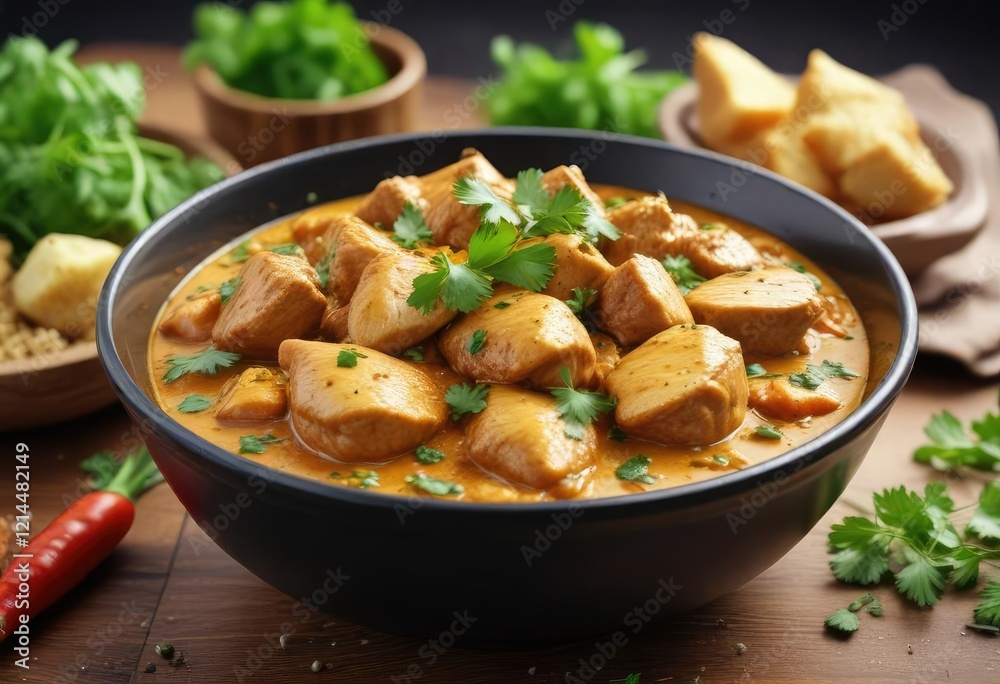 bowl filled with chicken curry and a sprinkle of fresh cilantro on top , inviting, chicken curry bowl filled with chicken curry and a sprinkle of fresh cilantro on top , inviting, chicken curry