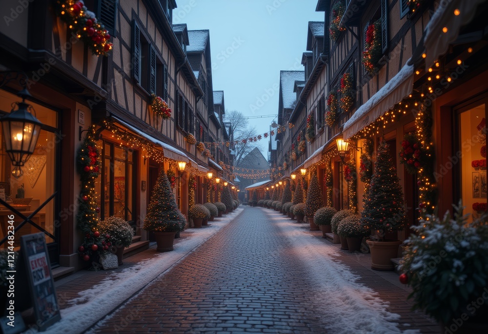 Festive street in French village decorated for Christmas. Festive street in French village decorated for Christmas.