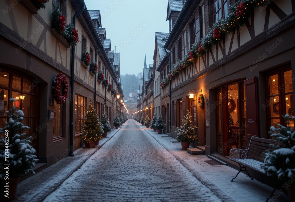 Festive street in French village decorated for Christmas. Festive street in French village decorated for Christmas.