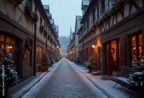 Festive street in French village decorated for Christmas.