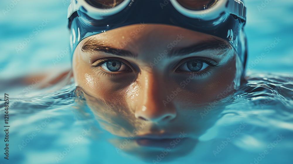 Naklejka premium swimmer in swimming pool,banner mockup,A a person with a swimmers cap with integrated swimming googles