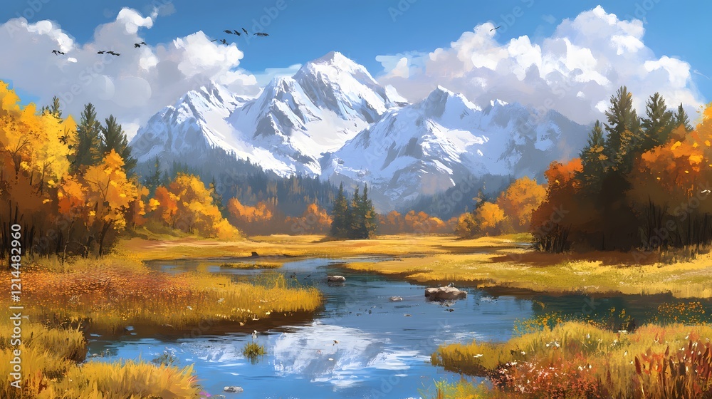 Obraz premium Autumn Mountain Lake Landscape Golden Meadow Snow Peaks Birds