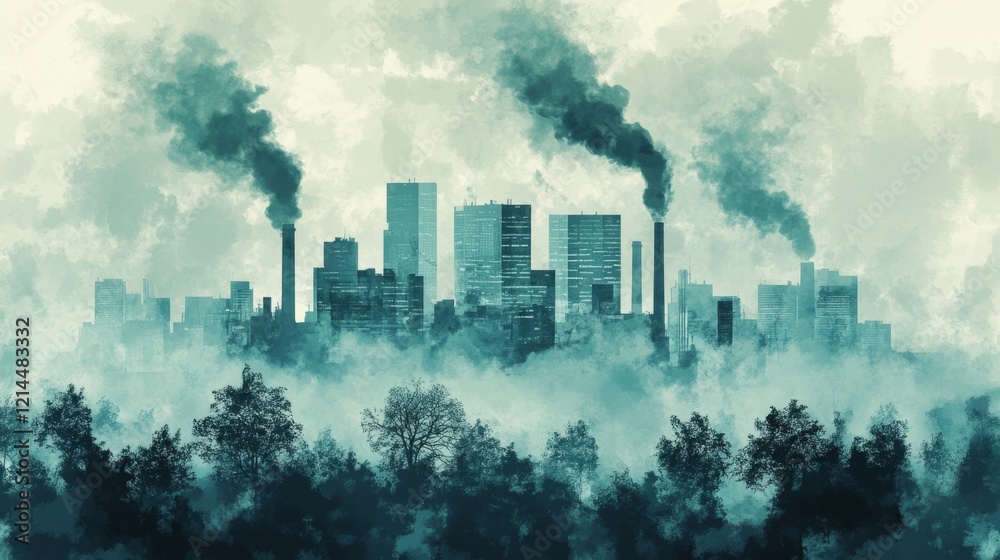 Obraz premium Urban Skyline with Pollution in Misty Atmosphere at Dusk