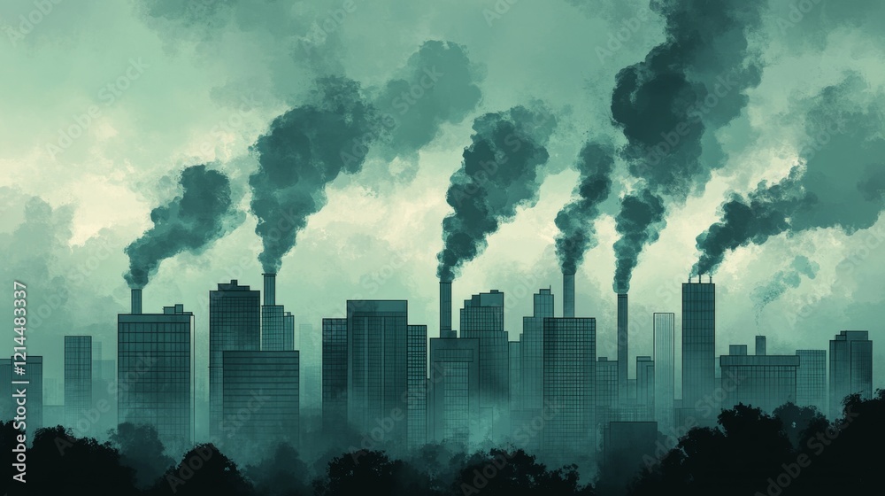 Fototapeta premium Urban Landscape with Industrial Pollution and Dark Smoky Skyline