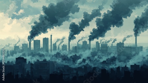 Urban skyline pollution with smoke stacks and gloomy atmosphere