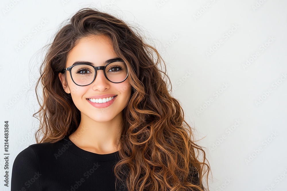 Obraz premium A cheerful young woman with curly hair and glasses smiles, exuding confidence and joy. Ideal for showcasing happiness and positivity.