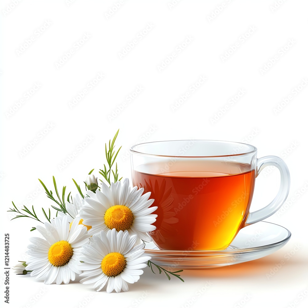 A clear cup of chamomile tea resting on a saucer, accompanied by fresh chamomile flowers, set against a pristine white background, creating a soothing and refreshing aesthetic. A clear cup of chamomile tea resting on a saucer, accompanied by fresh chamomile flowers, set against a pristine white background, creating a soothing and refreshing aesthetic.