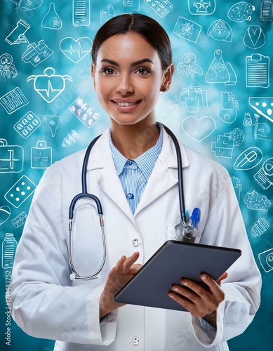 Médico usando un tableta de diagnostico, con íconos médicos volando alrededor