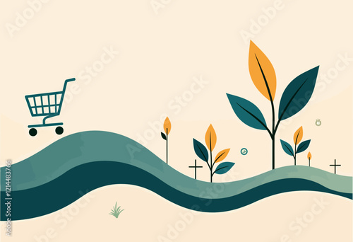 Digital Business Launch: Abstract Growth, Waves, Plants, Minimal E-commerce Icon, Soft Pastels, Clean Composition, Elegant Design, Hyperrealistic Elements.

