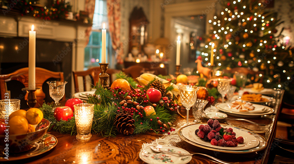 Fototapeta premium Festive Christmas dining table with candles and greenery
