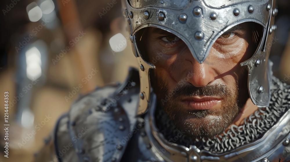 A man wearing a helmet and chainmail looks at the camera. A man wearing a helmet and chainmail looks at the camera.