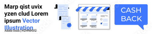 Receipt and document, webpage with store awning, cash back announcement. Ideal for e-commerce, invoicing, online shopping, financial transactions, sales promotion, digital marketing, customer