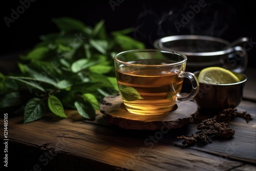 Brewing Tea - A Step-by-Step Guide to the Perfect Tea Ceremony. Cup of Black Tea with Warm Soft Light on Wooden Background, with Healthy Fruit and Leaf Accents
