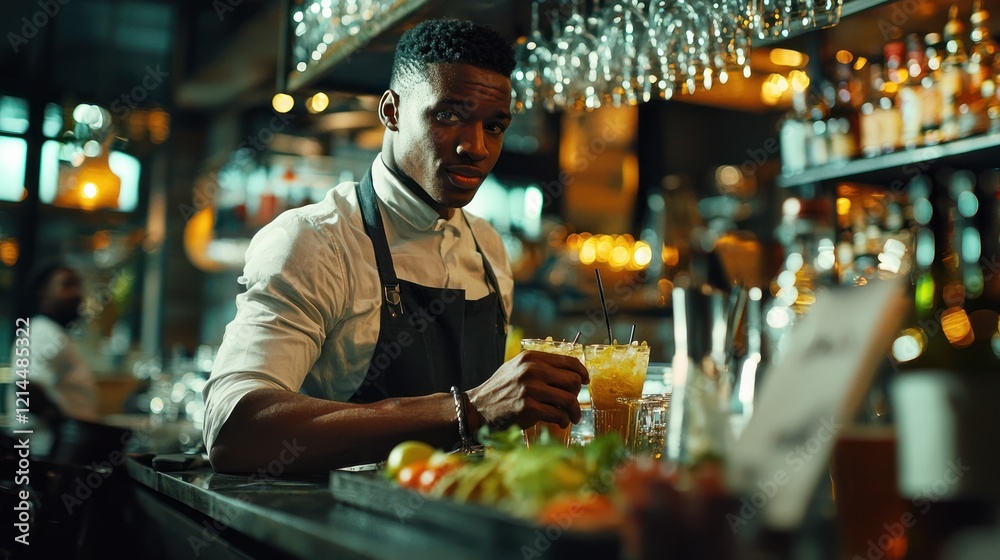 A restaurant worker behind the counter, preparing drinks and serving guests. A restaurant worker behind the counter, preparing drinks and serving guests.