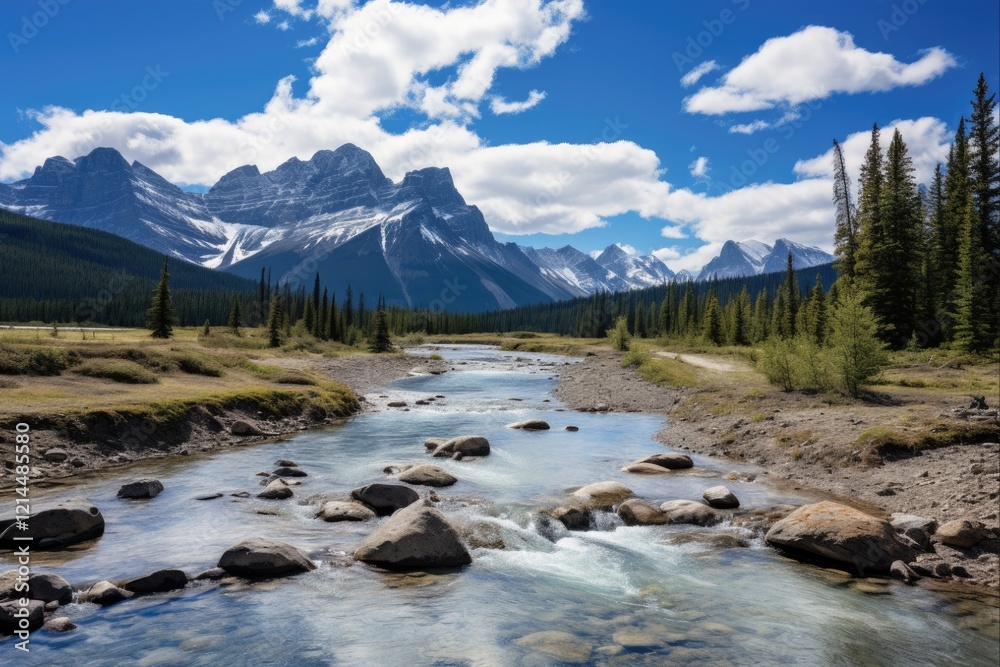 Fototapeta premium Canmore's Majestic Mountain Scenery: A Breathtaking Landscape of Lakes, Rivers & Snowy Peaks