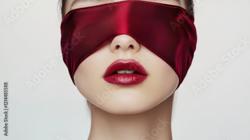 Woman wearing red lipstick with red silk blindfold on white background