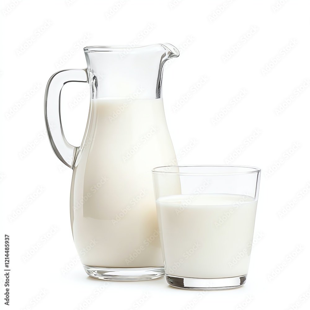 A glass pitcher filled with fresh milk alongside a glass of milk on a clean, white surface, perfect for showcasing dairy products or healthy beverage choices. A glass pitcher filled with fresh milk alongside a glass of milk on a clean, white surface, perfect for showcasing dairy products or healthy beverage choices.
