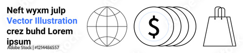 Globe symbolizing global trade, stacked coins indicating financial transactions, and a shopping bag representing retail. Ideal for e-commerce, finance, global market, online shopping, business