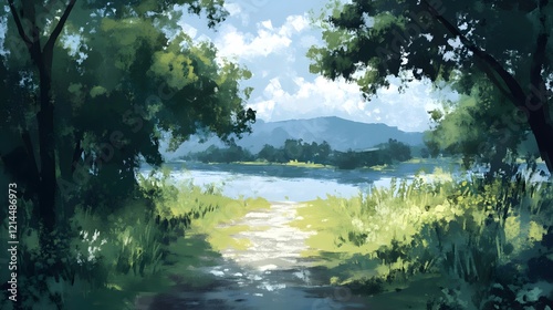 Serene Lakeside Path  Summer Landscape Painting
