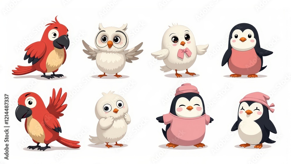 Six whimsical cartoon birds, each unique in color and size, pose playfully. A vibrant red parrot graces the top left corner, turning its head to the left, adding charm to the lively scene Six whimsical cartoon birds, each unique in color and size, pose playfully. A vibrant red parrot graces the top left corner, turning its head to the left, adding charm to the lively scene