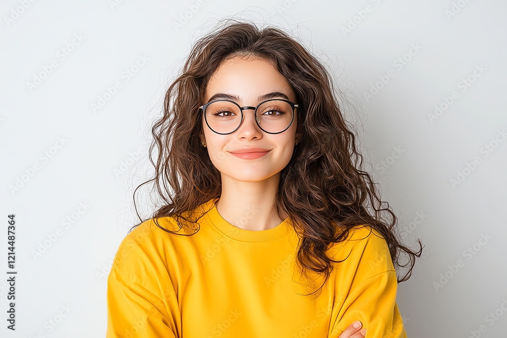 Fototapeta premium A smiling woman with curly hair wearing glasses and a yellow sweater, looking confidently at the camera against a soft grey background.