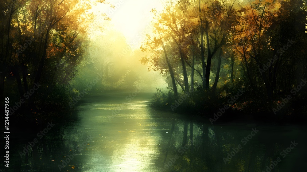 Obraz premium Golden Autumn River Misty Forest Scene