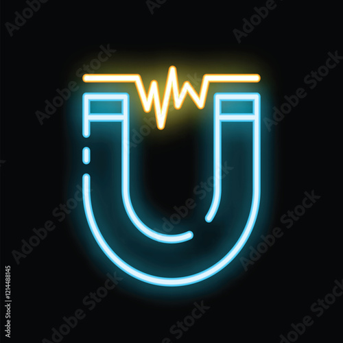 Blue neon icon of a magnet generating a magnetic field, isolated on a black background