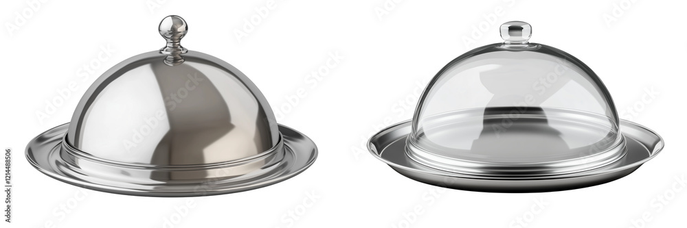 Set of a polished stainless steel cloche platter, isolated on transparent background. Set of a polished stainless steel cloche platter, isolated on transparent background.