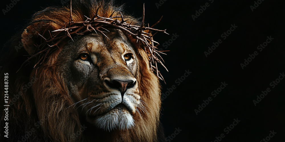 Naklejka premium Majestic lion wearing a crown of thorns, set against a dark background, symbolizing strength and sacrifice. Perfect for religious, spiritual, and artistic themes.