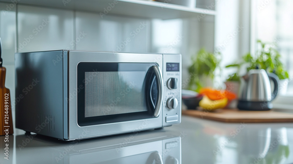 Obraz premium Sleek, modern microwave on a clean kitchen countertop with bright natural light and greenery in the background. Perfect for appliances, technology, and lifestyle themes.