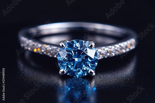 blue diamond ring with perfect roundness and genuine light reflection . A stunning blue diamond engagement ring displayed elegantly against a sleek black background, highlighting its brilliance.
