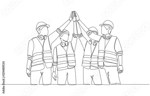 Continuous one line drawing of group of foreman and construction workers making high five gesture together, construction team meeting concept, single line art.